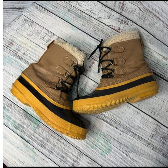 SOREL Caribou Tan Leather Black Rubber Insulated Winter Snow Boots Womens 8 - Picture 1 of 3